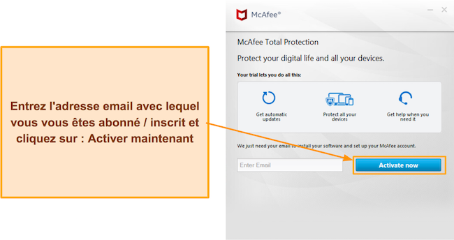 Capture d'&eacute;cran montrant la section d'activation de la configuration de McAfee