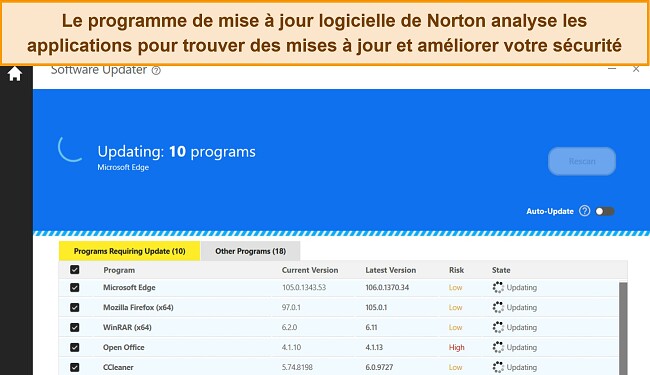 Capture d'&eacute;cran de Norton Software Updater mettant &agrave; jour 10 programmes pour se prot&eacute;ger contre les vuln&eacute;rabilit&eacute;s des applications