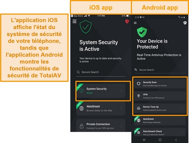 Capture d'&eacute;cran montrant la diff&eacute;rence entre les applications iOS et Android TotalAV