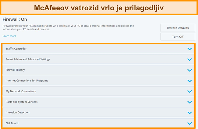 Snimka zaslona značajki za&scaron;titnog zida McAfee