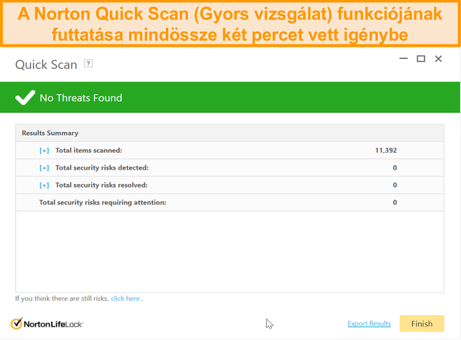 Pillanatk&eacute;p a Norton 360 gyors vizsg&aacute;lati eredm&eacute;ny&eacute;ről