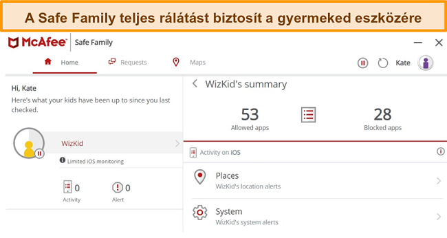 K&eacute;pernyők&eacute;p a McAfee Safe Family sz&uuml;lői fel&uuml;gyeleti funkci&oacute;r&oacute;l, amely egy iPhone-hoz kapcsol&oacute;dik