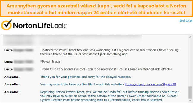 K&eacute;pernyők&eacute;p a Norton &uuml;gyf&eacute;lszolg&aacute;lati &uuml;gyn&ouml;k&eacute;vel folytatott besz&eacute;lget&eacute;sről &eacute;lő cseveg&eacute;sen kereszt&uuml;l.