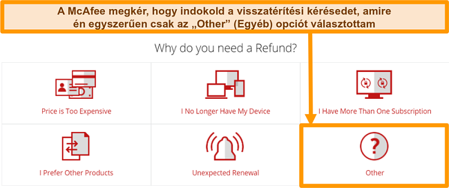 Pillanatk&eacute;p arr&oacute;l, hogy a McAfee &uuml;gyf&eacute;lszolg&aacute;lata mi&eacute;rt k&eacute;r visszat&eacute;r&iacute;t&eacute;si k&eacute;relmet