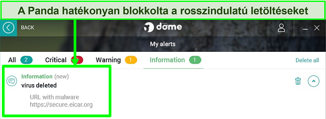 K&eacute;pernyők&eacute;p a Panda "Saj&aacute;t figyelmeztet&eacute;sek" r&eacute;sz&eacute;ről, kiemelve az inform&aacute;ci&oacute;s riaszt&aacute;st.
