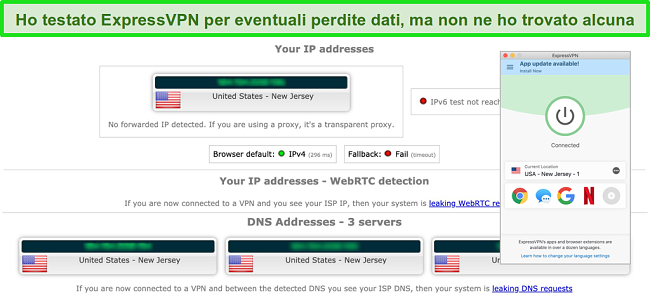 Screenshot di ExpressVPN che ha superato correttamente un test di perdita IP, WebRTC e DNS mentre &egrave; connesso a un server negli Stati Uniti