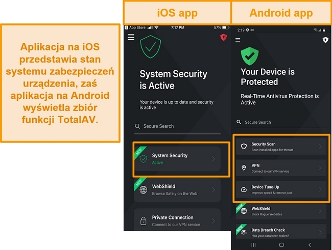 Zrzut ekranu pokazujący r&oacute;żnicę między aplikacjami TotalAV na iOS i Androida