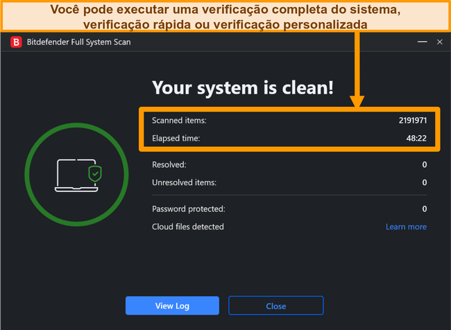 Captura de tela de uma an&aacute;lise de sistema Bitdefender conclu&iacute;da.