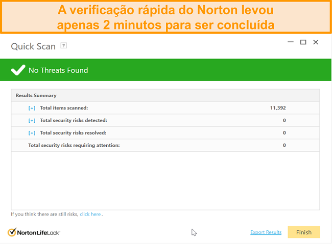 Captura de tela do resultado da verifica&ccedil;&atilde;o r&aacute;pida do Norton 360