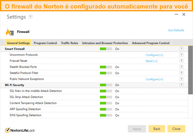 Captura de tela das configura&ccedil;&otilde;es de firewall do Norton 360 no Windows.