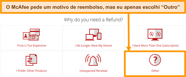 Captura de tela do suporte ao cliente da McAfee solicitando o motivo de uma solicita&ccedil;&atilde;o de reembolso.