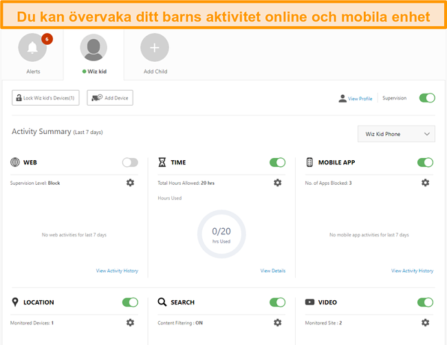 Sk&auml;rmdump av Norton 360: s inst&auml;llningar f&ouml;r f&ouml;r&auml;ldrakontroll.