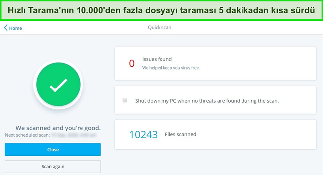 McAfee Quick Scan sonu&ccedil;larının ekran g&ouml;r&uuml;nt&uuml;s&uuml;