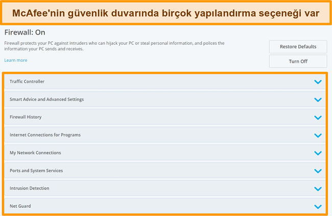 McAfee Firewall &ouml;zelliklerinin ekran g&ouml;r&uuml;nt&uuml;s&uuml;