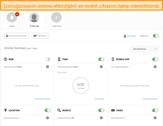 Norton 360'ın ebeveyn denetimi ayarlarının ekran g&ouml;r&uuml;nt&uuml;s&uuml;.