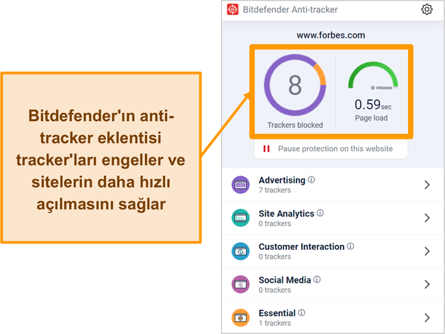 Bitdefender'ın anti-tracker tarayıcı eklentisinin ekran g&ouml;r&uuml;nt&uuml;s&uuml;