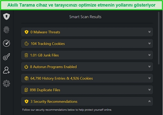 Smart Scan sonu&ccedil;larının ekran g&ouml;r&uuml;nt&uuml;s&uuml;