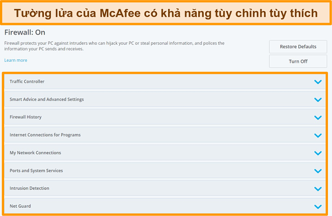 Ảnh chụp m&agrave;n h&igrave;nh c&aacute;c t&iacute;nh năng của McAfee Firewall