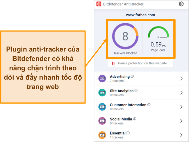 Ảnh chụp m&agrave;n h&igrave;nh plugin tr&igrave;nh duyệt chống theo d&otilde;i của Bitdefender