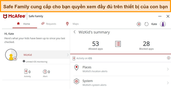 Ảnh chụp m&agrave;n h&igrave;nh t&iacute;nh năng kiểm so&aacute;t của phụ huynh McAfee Safe Family được li&ecirc;n kết với iPhone