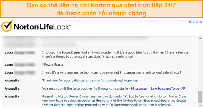 Ảnh chụp m&agrave;n h&igrave;nh cuộc tr&ograve; chuyện với nh&acirc;n vi&ecirc;n hỗ trợ kh&aacute;ch h&agrave;ng Norton qua tr&ograve; chuyện trực tiếp.