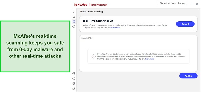 McAfee antivirus review displaying the real-time scanning menu in English.