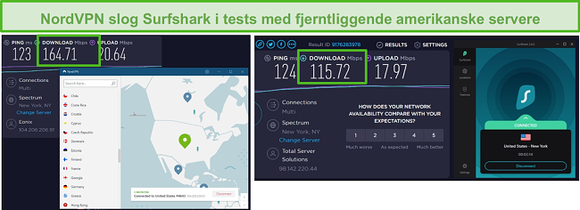 Sk&aelig;rmbillede af NordVPN og Surfshark, der k&oslash;rer en amerikansk hastighedstest.