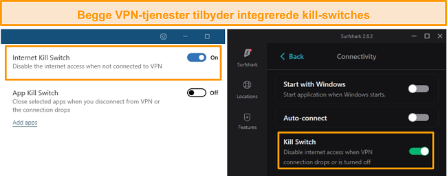 Sk&aelig;rmbillede af NordVPNs og Surfsharks integrerede kill-switches.