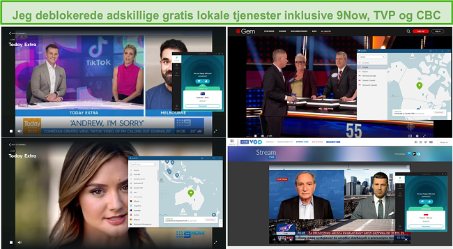 Sk&aelig;rmbillede af NordVPN og Surfshark, der blokerer for forskellige lokale tv-stationer, herunder 9Now, TVP og CBC.