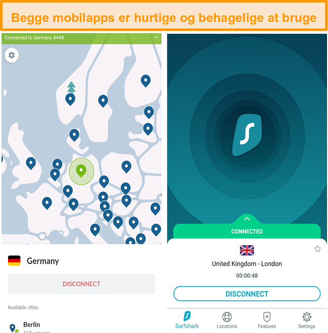 Sk&aelig;rmbillede af NordVPN og Surfshark Android-apps.
