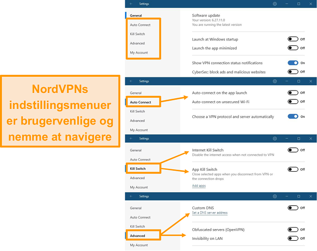 Sk&aelig;rmbillede af NordVPNs skrivebordsmenuer.