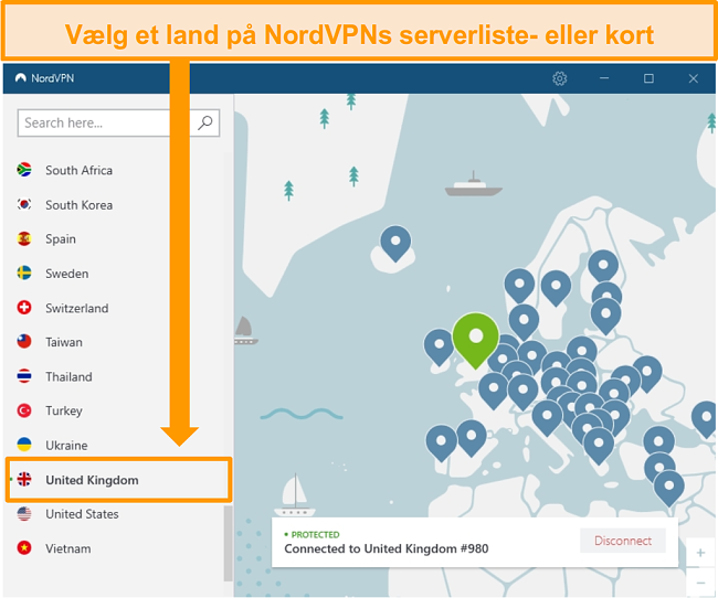 Sk&aelig;rmbillede af NordVPN tilsluttet en britisk server.