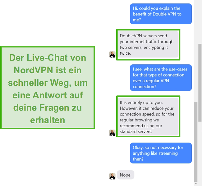 Screenshot der NordVPN Live-Chat-Unterst&uuml;tzung.