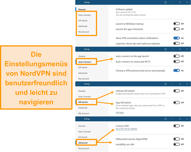 Screenshot der Desktop-Men&uuml;s von NordVPN.