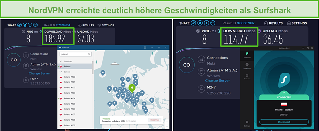 Screenshot von NordVPN und Surfshark, die einen Geschwindigkeitstest f&uuml;r mehrere Verbindungen durchf&uuml;hren.