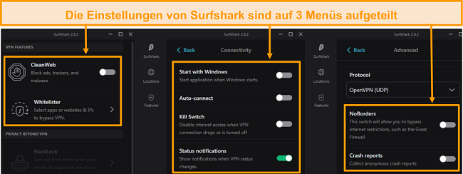 Screenshot der Desktop-Men&uuml;s von Surfshark.