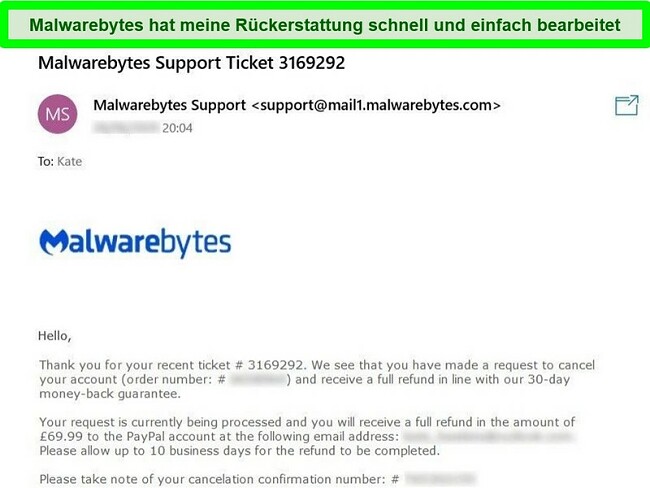 Screenshot einer E-Mail von Malwarebytes, die eine R&uuml;ckerstattung genehmigt.