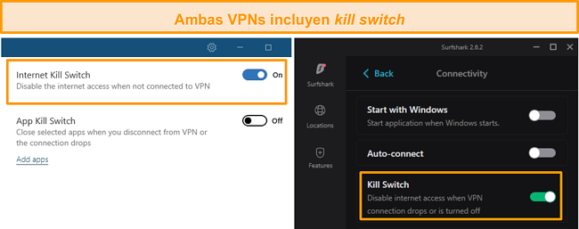 Captura de pantalla de los interruptores de interrupci&oacute;n integrados de NordVPN y Surfshark.