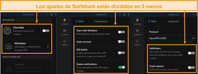 Captura de pantalla de los men&uacute;s de escritorio de Surfshark.