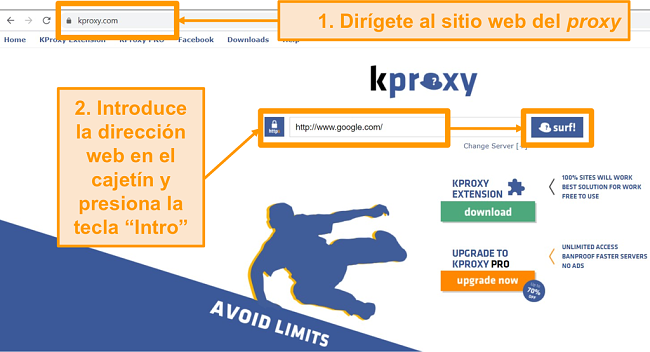 Captura de pantalla de la p&aacute;gina de inicio de KProxy