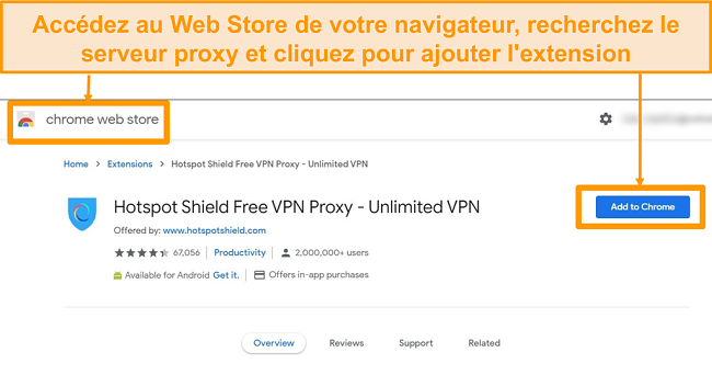 Capture d'&eacute;cran du t&eacute;l&eacute;chargement de l'extension de navigateur proxy gratuit Hotspot Shield
