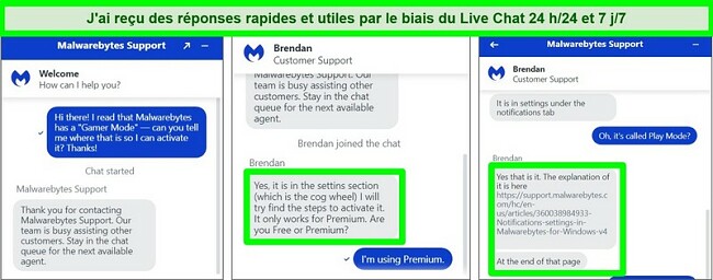 Capture d'&eacute;cran du chat en direct avec l'agent du support client de Malwarebytes.