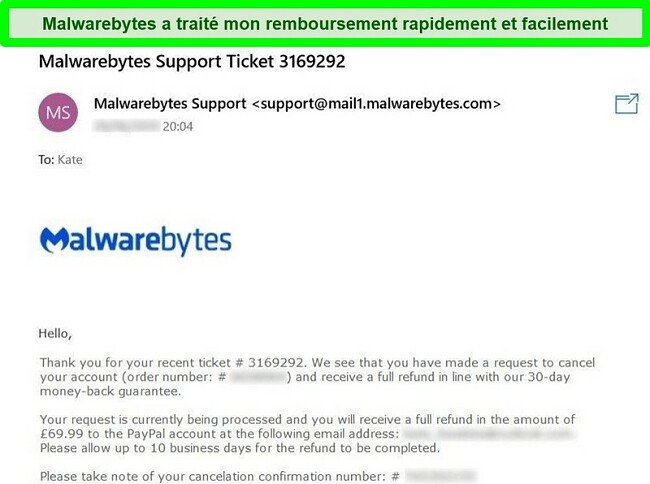 Capture d'&eacute;cran d'un e-mail de Malwarebytes approuvant un remboursement.