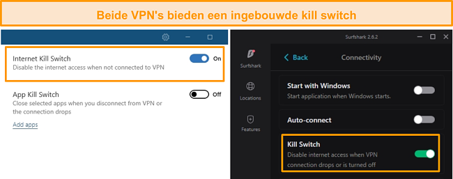 Screenshot van de ge&iuml;ntegreerde kill-switches van NordVPN en Surfshark.