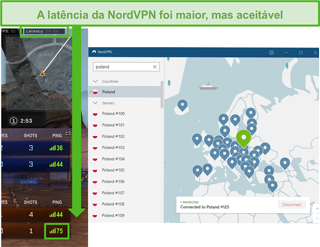 Captura de tela dos resultados de lat&ecirc;ncia de Call of Duty: Warzone e Rocket League enquanto joga com NordVPN conectado.