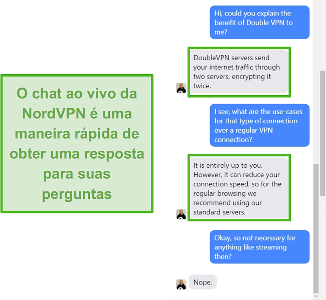 Captura de tela da assist&ecirc;ncia de chat ao vivo do NordVPN