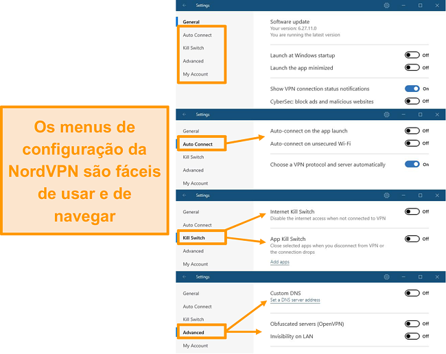 Captura de tela dos menus da &aacute;rea de trabalho do NordVPN.