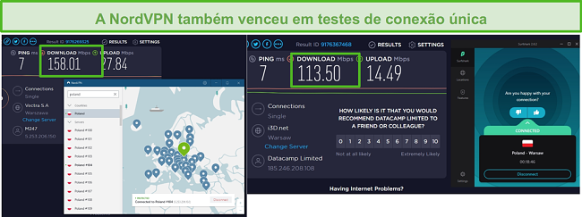 Captura de tela de NordVPN e Surfshark executando um teste de velocidade de conex&atilde;o &uacute;nica.
