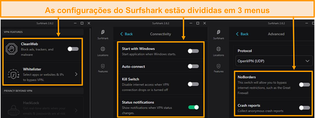Captura de tela dos menus da &aacute;rea de trabalho do Surfshark.