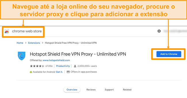 Captura de tela do download da extens&atilde;o de navegador proxy gratuita do Hotspot Shield